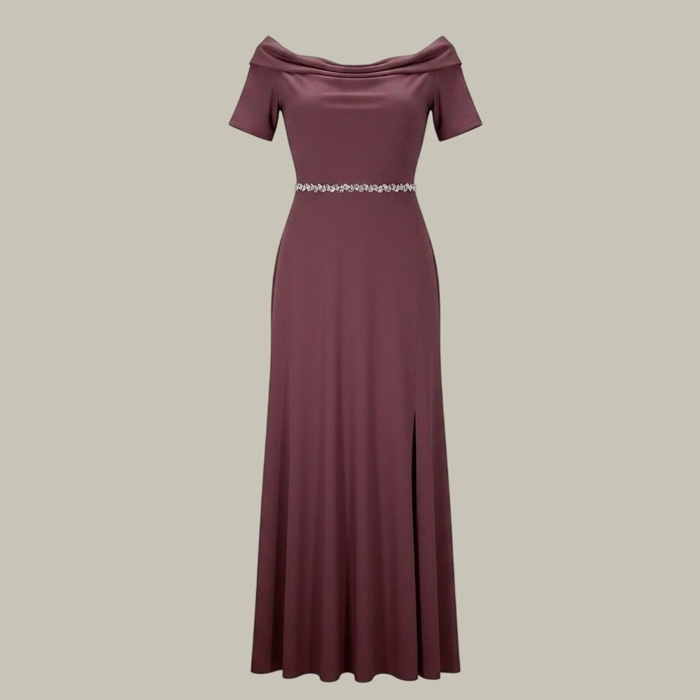 Oleg Cassini Wine Cowl Neck Rhinestone Waist Formal Gown Dress Plum 12